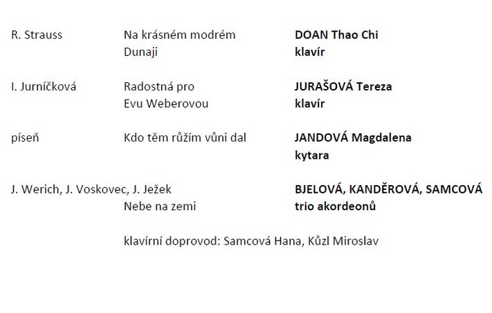 Žáci se představí v parku u Komunitního centra Fénix v průběhu odpoledne. Účinkují žáci ze třídy Mgr. J. Bastlové, M. Kůzla a H. Samcové.